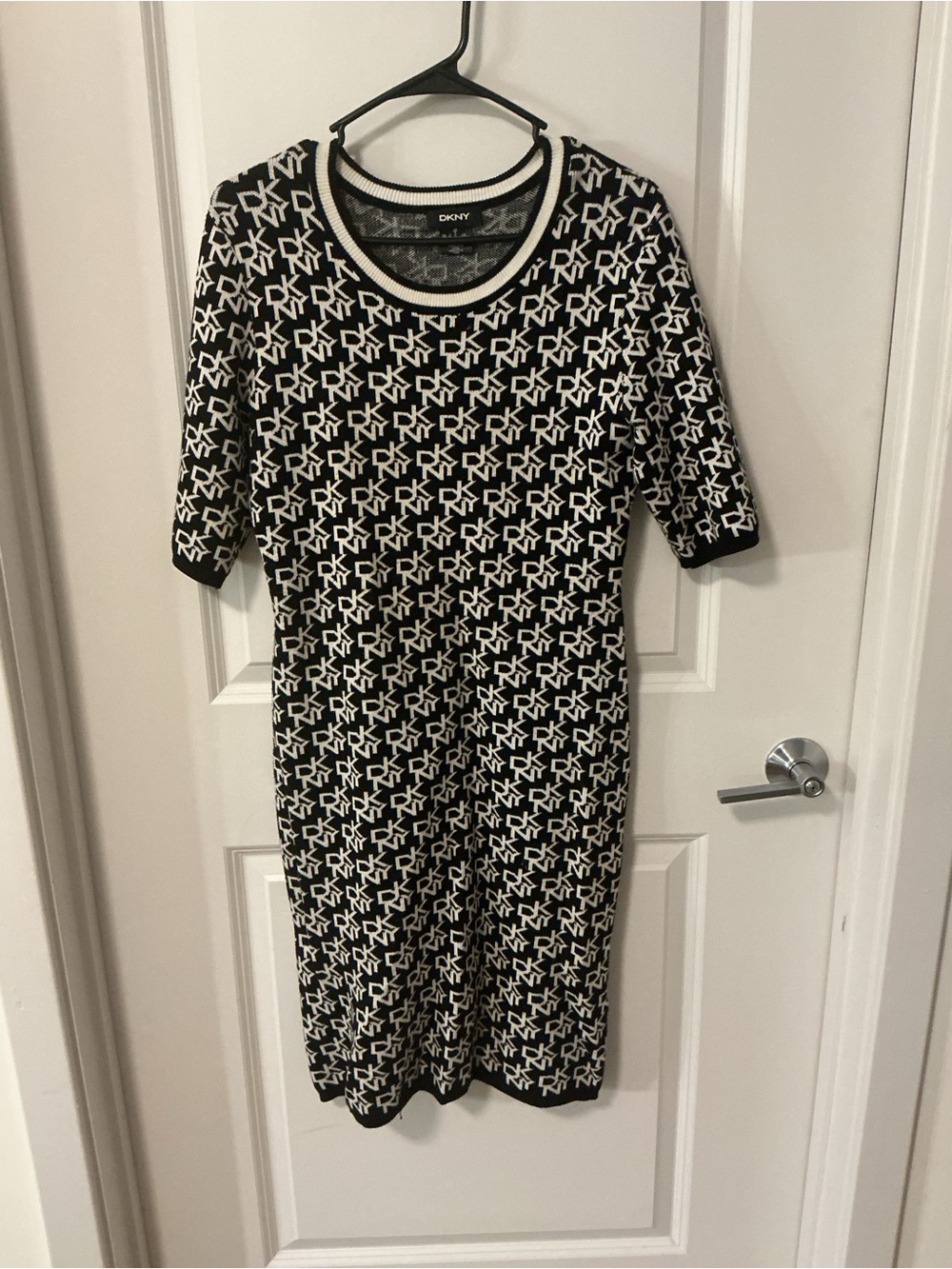 DKNY Black and White Logo Knit Midi Dress
